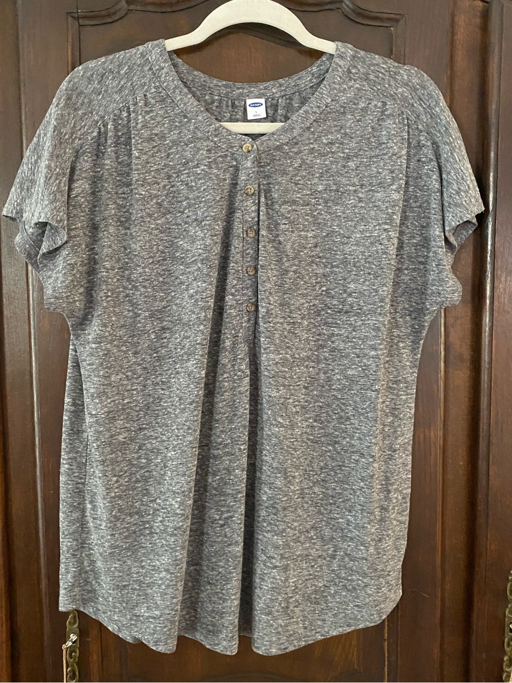 Charcoal gray short sleeved marled Henley style knit top L